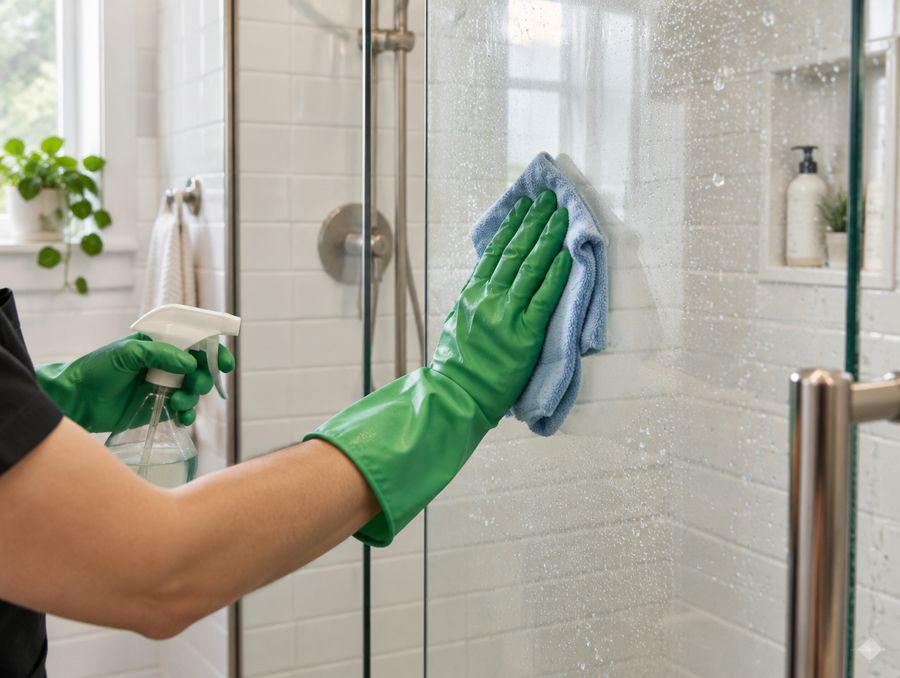 Gloved hands wiping a glass shower door to a streak-free shine