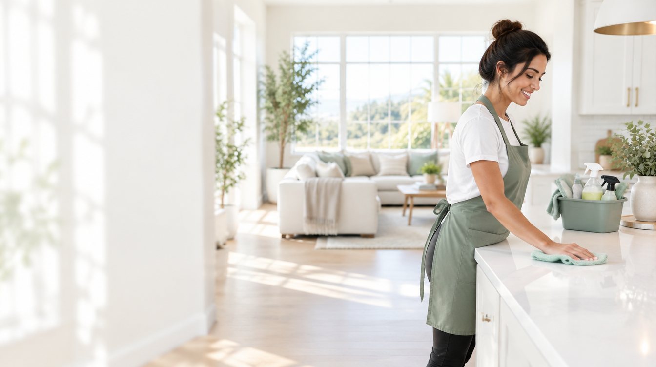 Smiling Go Live cleaner wiping a white kitchen counter in a bright, sunlit home