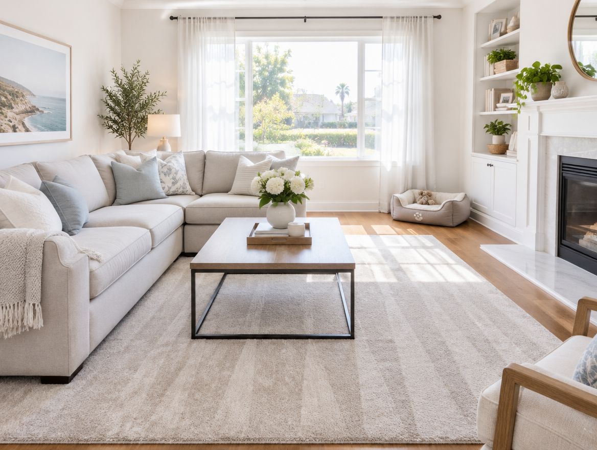 Tidy, sunlit living room after a regular cleaning