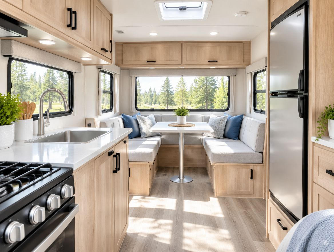 Clean, sunlit travel trailer interior